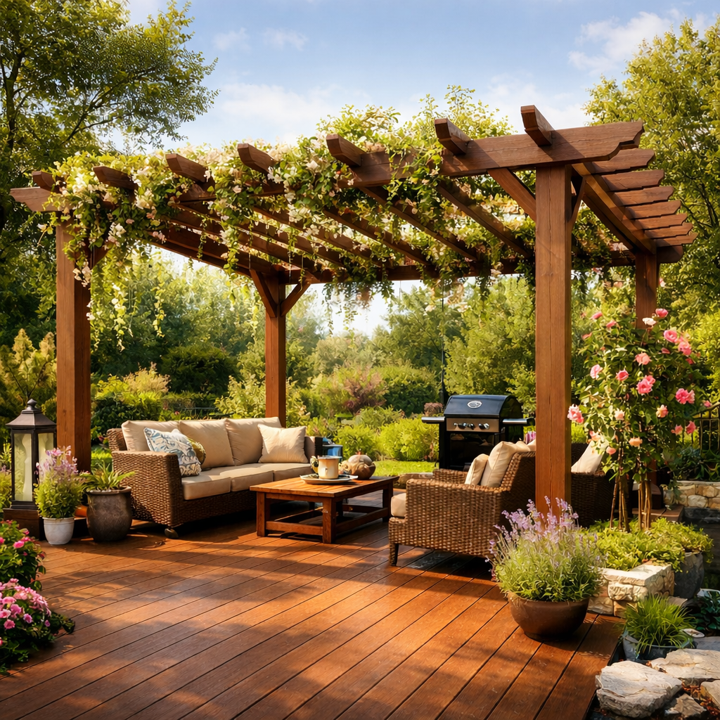 Sàn Gỗ Ngoài Trời Kết Hợp Cùng Giàn Hoa Pergola – Giải Pháp Kiến Trúc Xanh Cho Cuộc Sống Hiện Đại