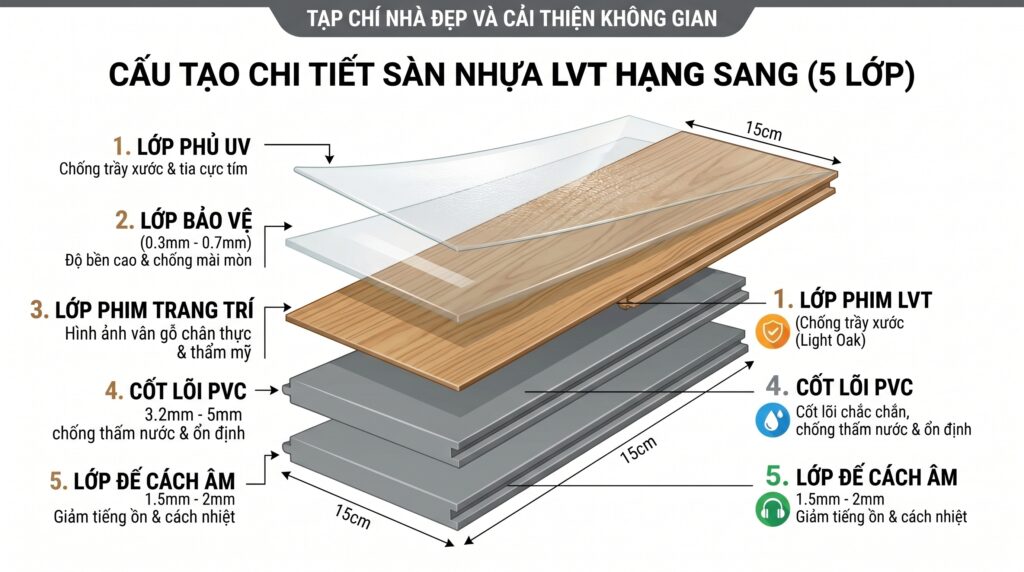 Cấu tạo 5 lớp của sàn nhựa LVT
