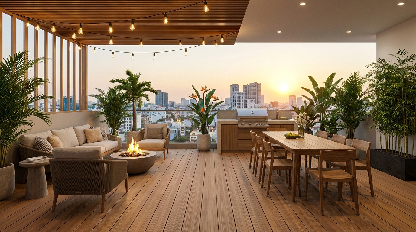 Biến sân thượng bỏ trống thành không gian tụ họp cực chill với sàn gỗ ngoài trời