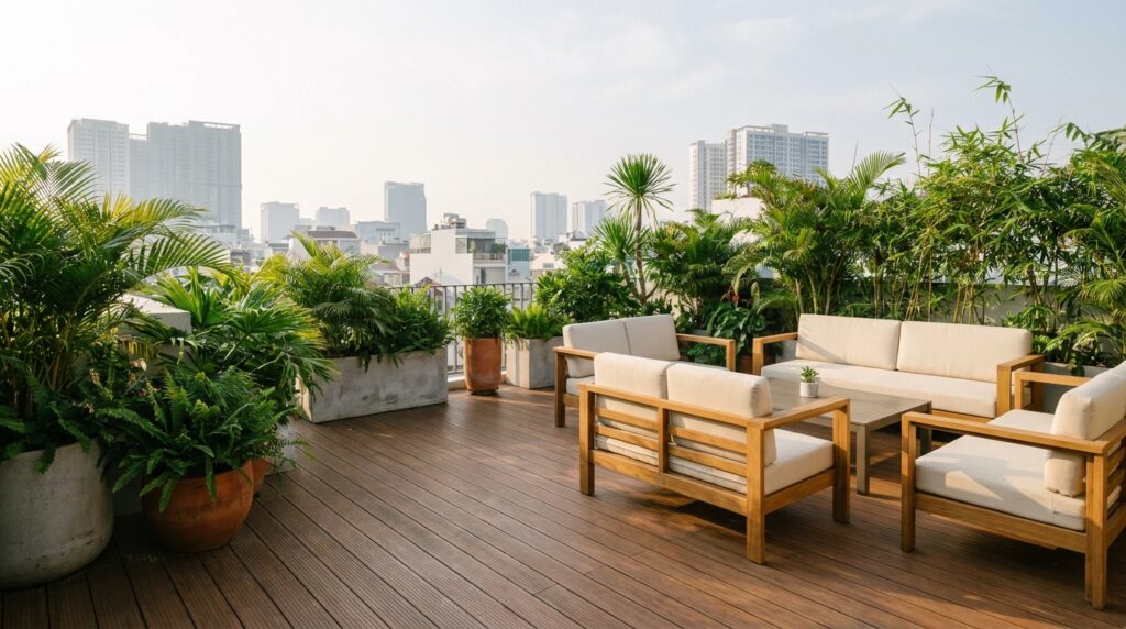 Sàn gỗ nhựa ngoài trời cho sân thượng nhà phố hiện đại