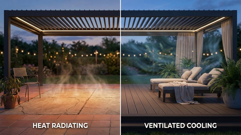 So sánh nền bê tông giữ nhiệt và sàn gỗ ngoài trời thông thoáng dưới pergola.