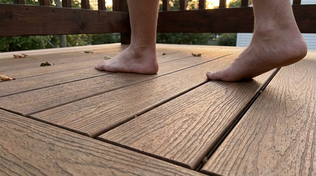 Bề mặt vân gỗ nhựa ngoài trời WPC dưới giàn pergola.