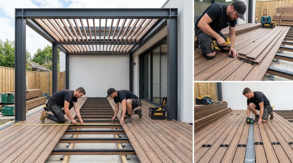 Thi công sàn gỗ ngoài trời dưới pergola bằng khung xương và phụ kiện chuyên dụng.