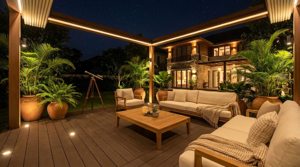 Không gian pergola hoàn thiện với sàn gỗ ngoài trời và ánh sáng sân vườn ban đêm.