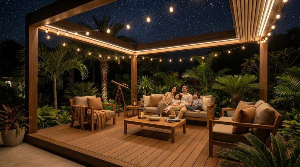 Pergola ngắm sao với sàn gỗ ngoài trời WPC và hệ đèn trang trí ban đêm.
