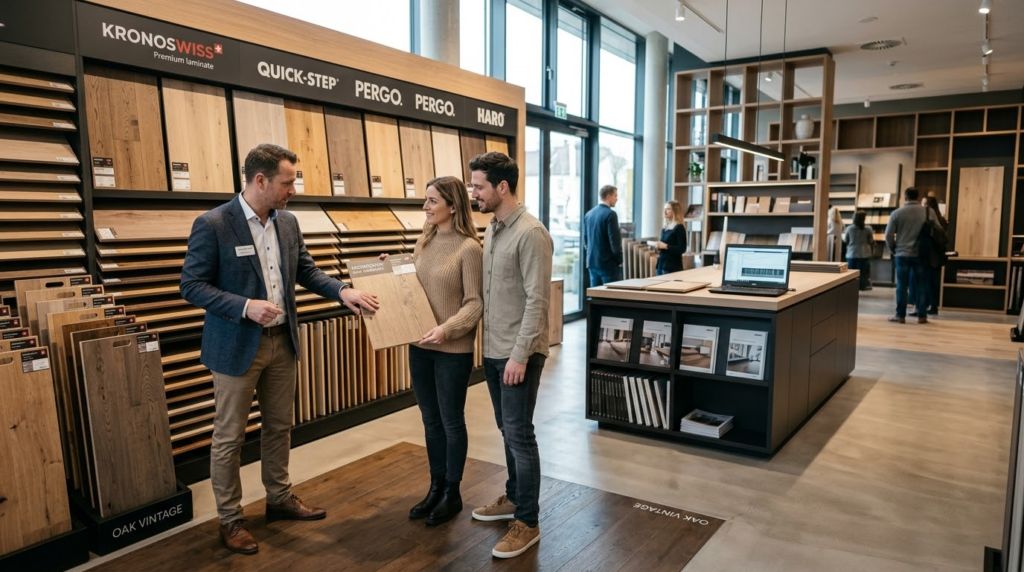Khách hàng tham quan showroom sàn gỗ công nghiệp và lựa chọn mẫu sàn phù hợp