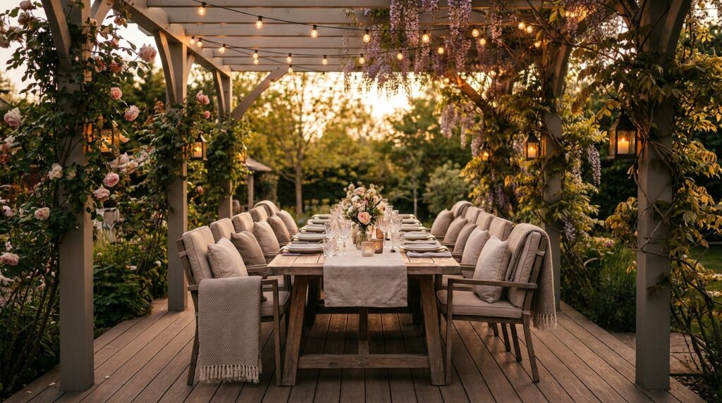 Khu bàn ăn ngoài trời trên sàn gỗ ngoài trời dưới Pergola