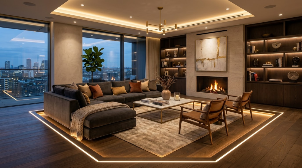Phòng khách sử dụng sàn gỗ LED