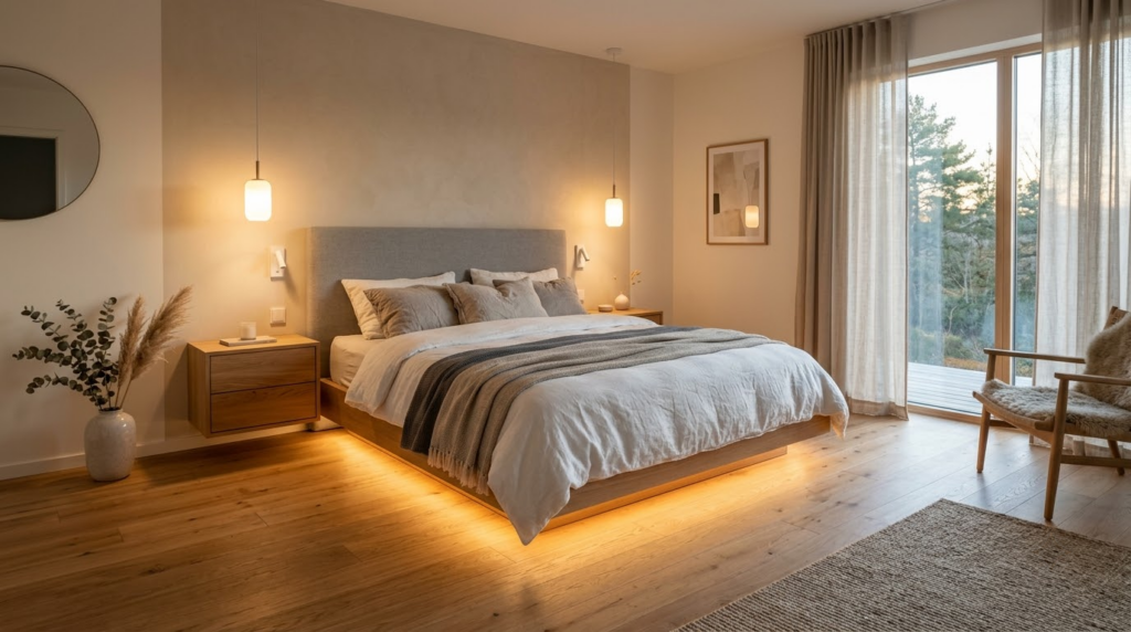 Phòng ngủ với sàn gỗ tích hợp đèn LED